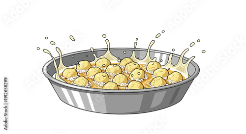 Golden puffs splashing in creamy liquid inside a metallic bowl, a lively breakfast scene.