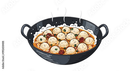 Steaming hot dumplings in a wok, a comforting and flavorful asian cuisine illustration