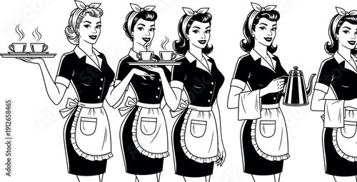 waitress, coffee, diner, retro, vintage, illustration, monochrome, black, white, waitress, woman, server, hospitality, uniform, cafe