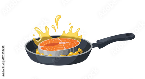 Illustrative image of a vibrant salmon steak sizzling in a dark frying pan, with golden oil splashes actively rising around the fish. This culinary
