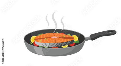 Sizzling salmon fillet cooking in a hot pan with fresh lemon slices and vibrant vegetables, a healthy meal