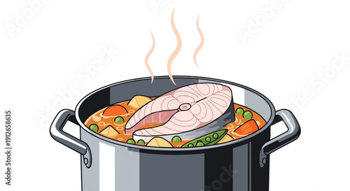 Steaming salmon fillet and fresh vegetables simmering in a pot a delicious and healthy home-cooked meal cooking process for nutritious seafood dish