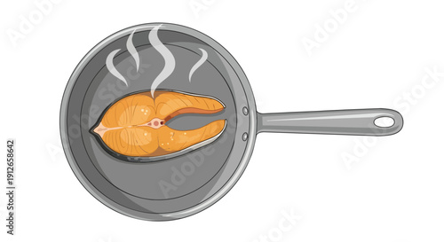 Illustration of a glistening salmon steak perfectly pan-frying in a non-stick skillet emitting gentle wisps of steam, showcasing healthy home