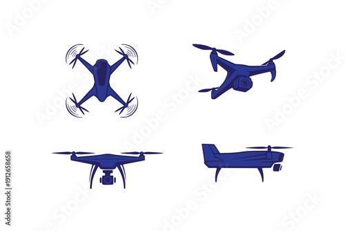 Modern drone vector silhouettes set. Various angles with camera for aerial photography and surveillance, isolated on white background design template
