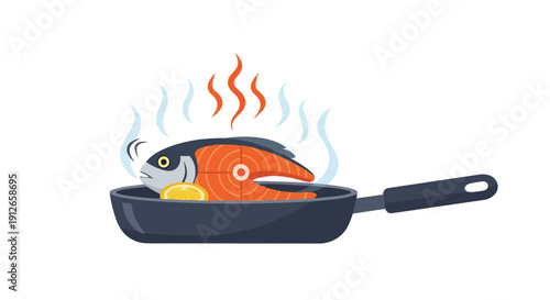 A vibrant graphic illustrating healthy seafood preparation, depicting a whole fish and a salmon fillet cooking in a hot pan with a citrus slice.