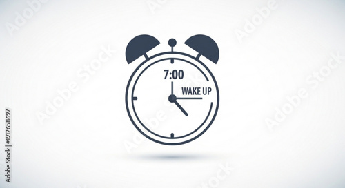 Wake up alarm clock icon at 7 00 on white background with dark gray bells and hands