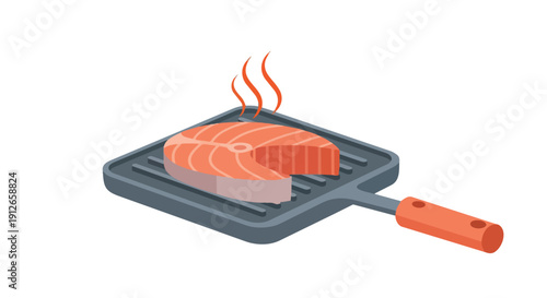 Fresh salmon steak sizzling on a hot cast iron grill pan, symbolizing healthy eating and gourmet home cooking