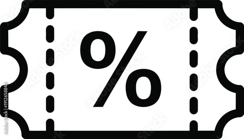 Minimalist black line art illustration of a discount ticket icon with a percentage sign
