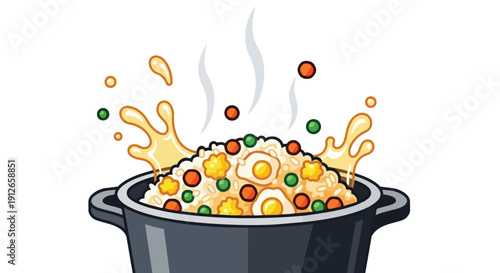 Dynamic cartoon of steaming hot fried rice with vibrant peas carrots and scrambled eggs vigorously splashing from a cooking pot a delicious culinary