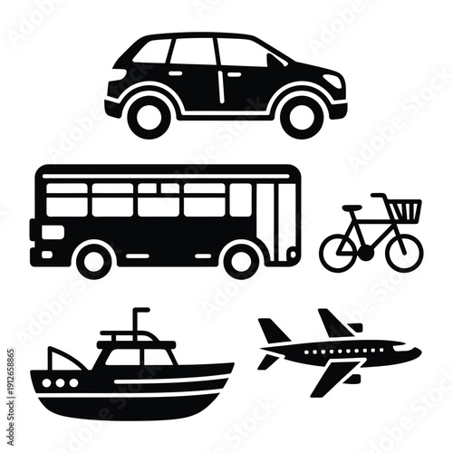 Transport Icons: A collection of various transportation modes in a simplified, graphic style, ideal for illustrating movement and travel concepts.