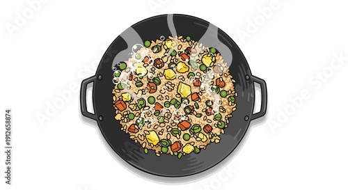 A vibrant illustration of delicious homemade fried rice sizzling in a classic wok pan featuring colorful vegetables and aromatic steam rising from