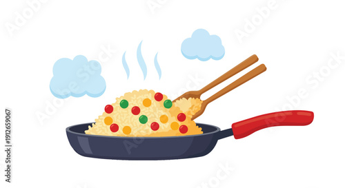 A vibrant, freshly prepared, steaming hot stir-fried rice dish, featuring colorful vegetables in a dark pan, stirred with wooden utensils for a