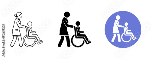 Icons of caregiver assisting person in wheelchair in three styles