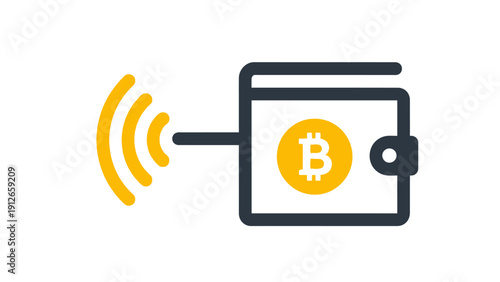 Bitcoin Wireless Payment Icon: Digital Cryptocurrency Wallet Sending Signal for Mobile Transaction and Fintech Transfer
