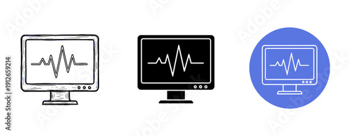 Heartbeat monitor icons in sketch, solid, and circle designs
