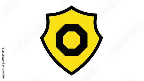 Yellow Shield Icon with Black Octagon Symbol. Flat Design Security and Protection Emblem isolated on white background. Safety and assurance concept.