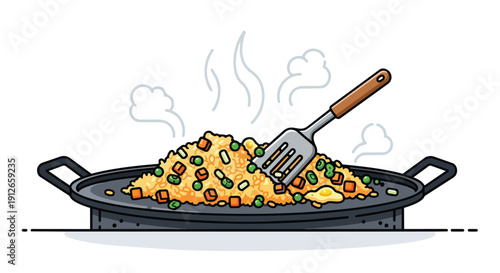 A vibrant illustration of hot fried rice with colorful mixed vegetables and egg being perfectly stirred in a cooking pan, steaming warmly for a