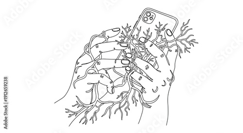 A minimalist line drawing depicts two hands cradling a smartphone with branches and roots intertwining through the fingers high quality professional detailed modern elegant