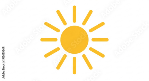 Simple yellow sun icon with radiant beams on white background for weather forecast or symbol use