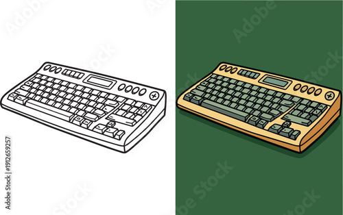 Computer keyboard coloring page featuring multimedia buttons and numpad in isometric view