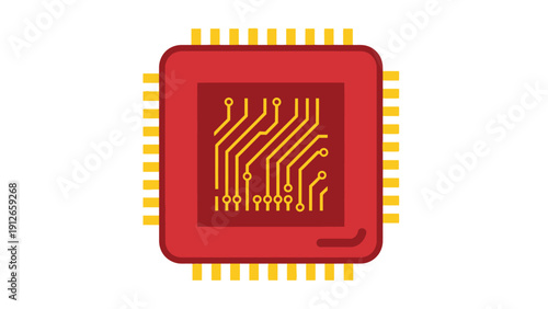 Red Computer Chip Microprocessor Vector Icon Isolated. Flat Design Integrated Circuit (IC) CPU Symbol for Technology and Hardware.