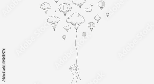 A whimsical black and white illustration depicts a hand releasing numerous hot air balloons into the sky creating a sense of freedom high quality
