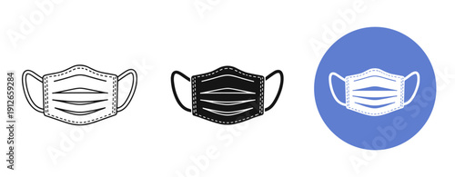 Three variations of face masks: outline, solid, and icon in blue circle