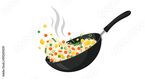 A vibrant illustration showcasing a wok filled with sizzling, freshly tossed fried rice, bursting with colorful vegetables and aromatic steam on a