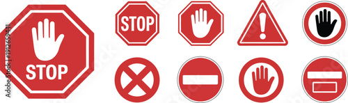 Red warning and prohibition sign collection, clear universal symbols for danger, stop, and forbidden actions, essential safety graphics.
