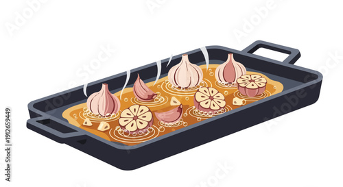 Aromatic garlic cloves and bulbs gently simmering in a flavorful oil within a sturdy roasting pan for culinary delight