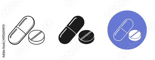 Minimalist pill and tablet icons in line, solid, and circle styles