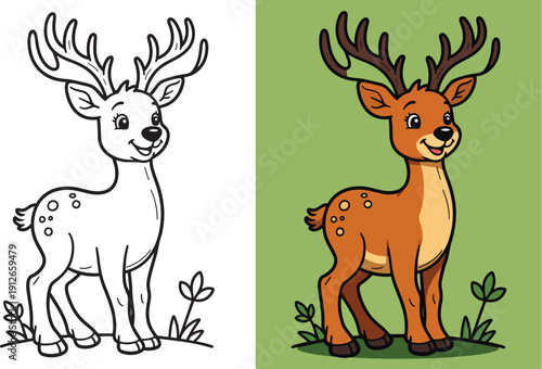 Cute cartoon baby deer standing gracefully on a grassy hill with small flowers