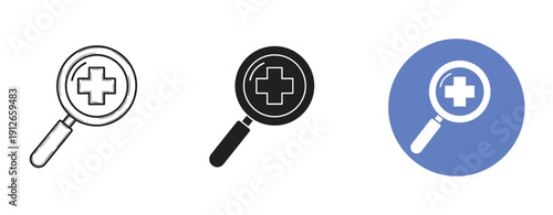 Magnifying glass with medical cross icons in black and white and blue circle