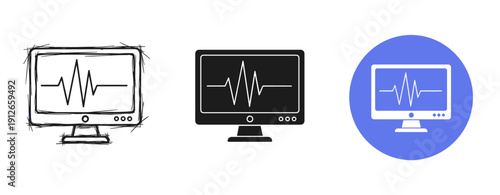 Three computer monitors with heartbeat line in different art styles