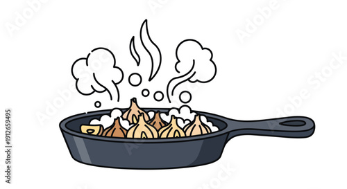 Cooking garlic cloves in a sizzling pan, a warm culinary scene.