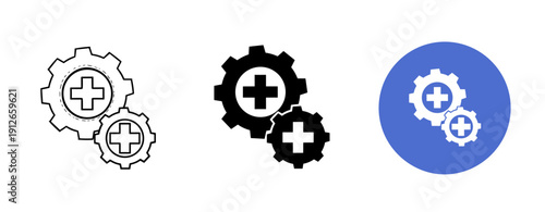 Health gear icons: black and white plus blue circle variations