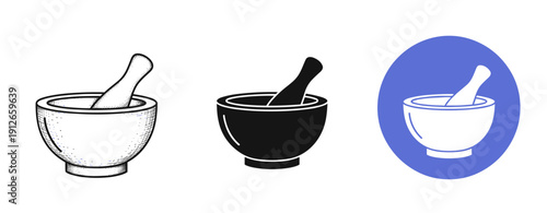 Three mortar and pestle designs: sketch, silhouette, blue background