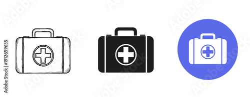 Minimalist first aid kit icons set with cross symbol in black and blue styles
