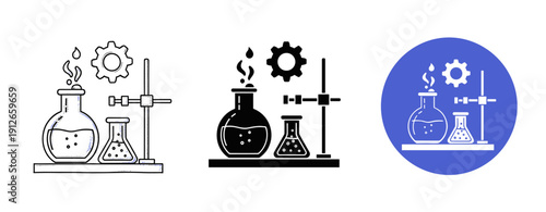 Chemical experiment setup with flasks and gears in three icon styles