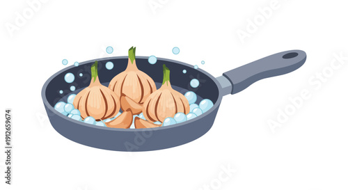 Three whole garlic bulbs and several individual cloves soak in a grey frying pan surrounded by effervescent bubbles indicating preparation for