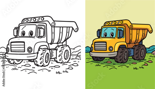 Cute dump truck smiling on construction site simple line art cartoon drawing for kids