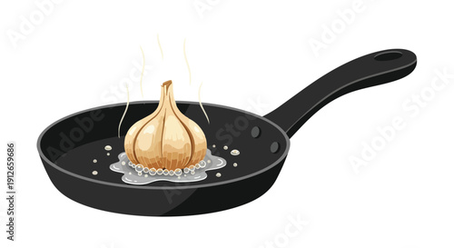 A whole head of garlic in a hot skillet, gently simmering in oil with steam rising, a fresh visual portraying fundamental culinary art for enhancing