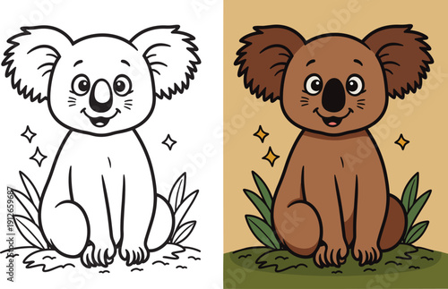 Cute koala sitting on ground with leaves simple line art cartoon drawing for kids coloring book