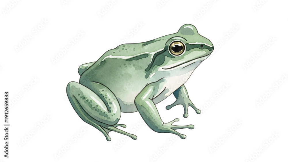 Obraz premium Green frog sitting ground with its open and its head turned to.