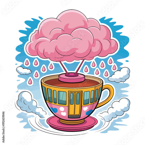 Whimsical Carnival Cup: An artistic illustration features a fanciful teacup with a whimsical carnival ride at the top, complete with a cotton candy cloud raining down candy drops and fluffy clouds.