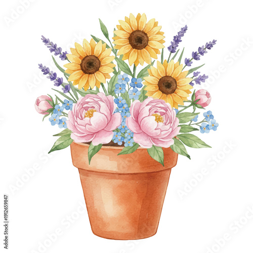 Summer Flower Pot with Blooming Flowers Watercolor Illustration Isolated on White Background
