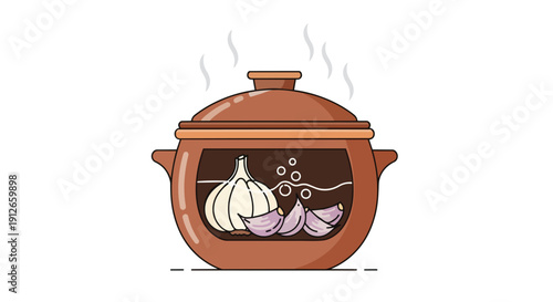 A clean vector illustration depicts a whole garlic bulb and multiple cloves gently steaming in a traditional brown ceramic pot, symbolizing