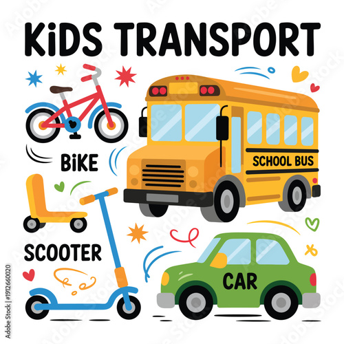 Kid's Transport illustration: Bright and cheerful illustration featuring a variety of kid-friendly transportation options, each promising adventures and the joy of movement.