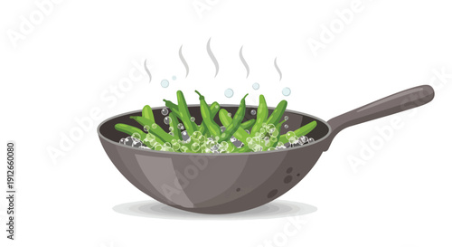 Fresh green string beans gently steaming and bubbling in a dark grey pan, illustrating healthy cooking for nutritious vegetarian meals and wholesome