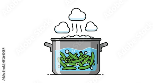 Illustrated cooking process of fresh green beans boiling in a pot with rising steam